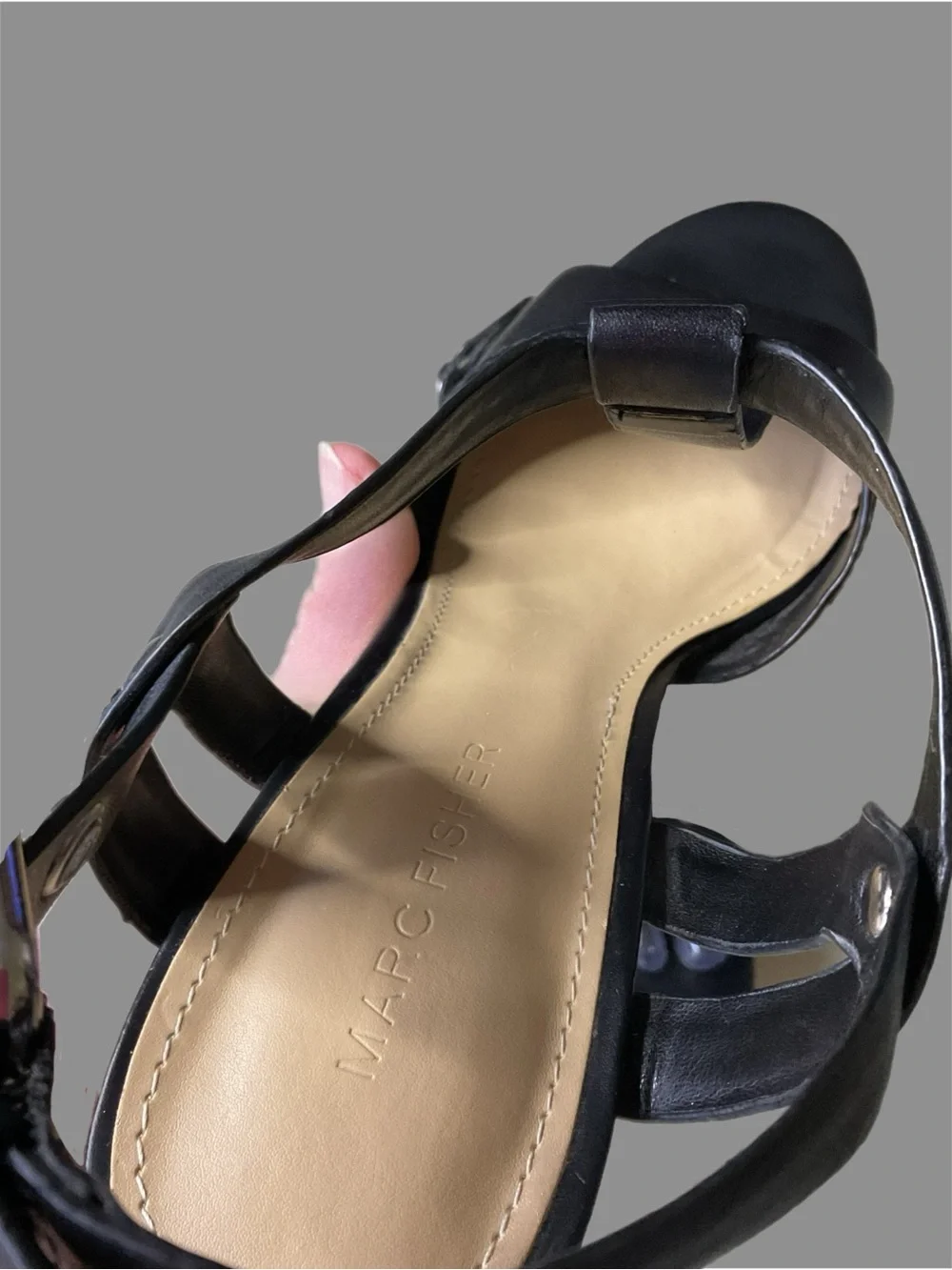 Marc Fisher Black Leather 5” Cork Platform Wedge Sandals Buckle Ankle Strap Boho
